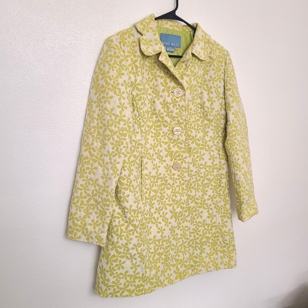 Nine West Sz M Lime Green Yellow Spring Floral Pea Coat Jacket Tailored Retro - Picture 11 of 11